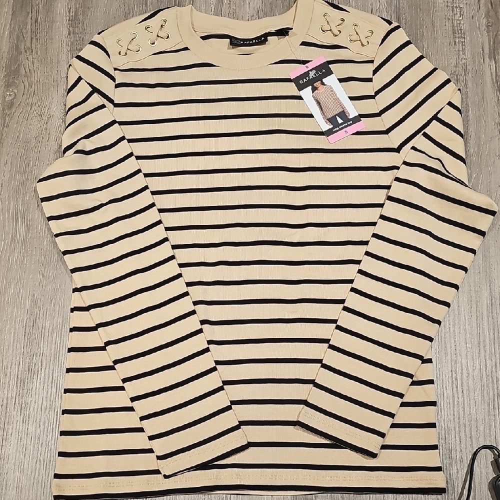 Rafaella Beige and Black Striped Button Down Shirt